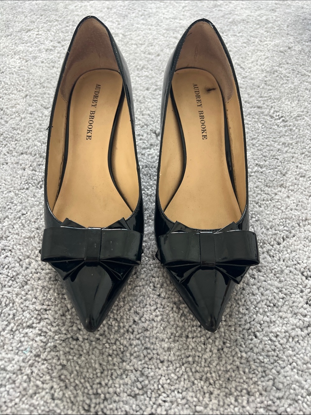 Audrey Brooke Black Patent Pointed Toe Bow Heels
